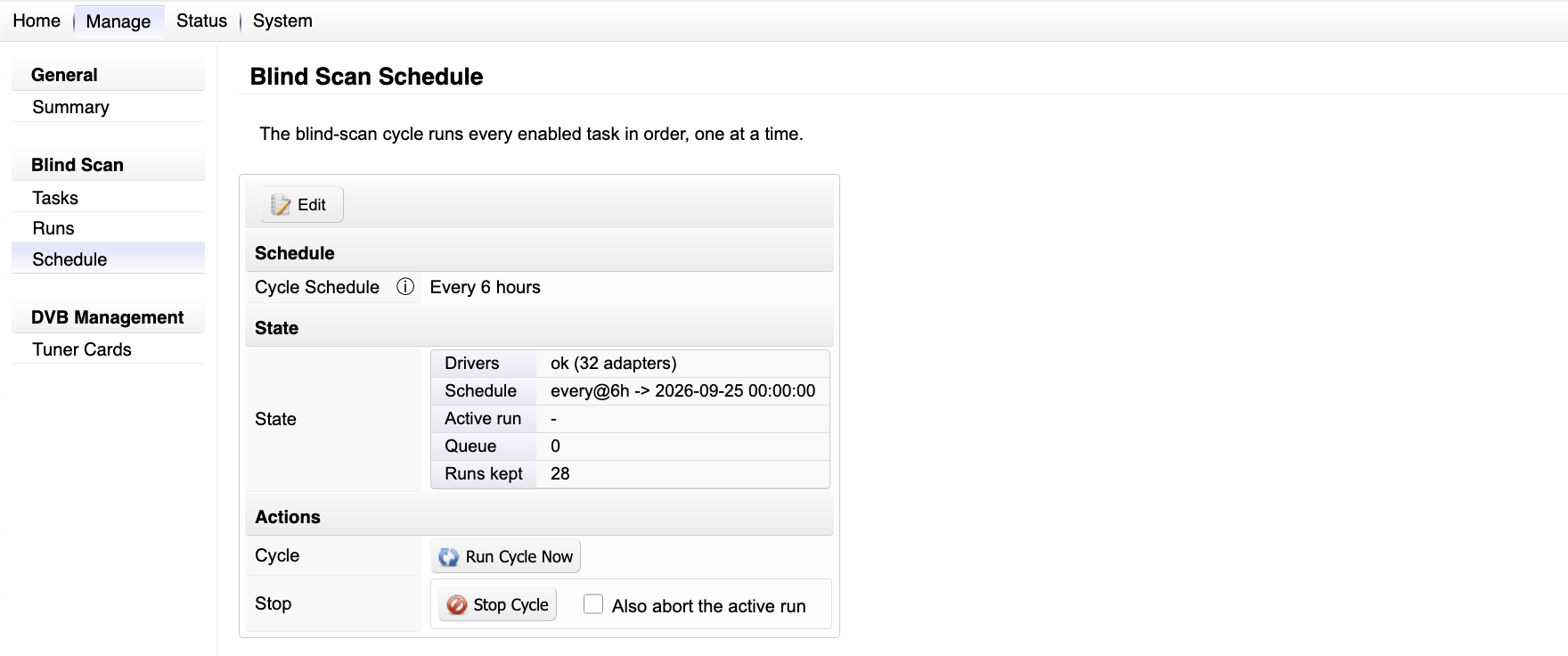 The blind-scan schedule page with the cycle state
