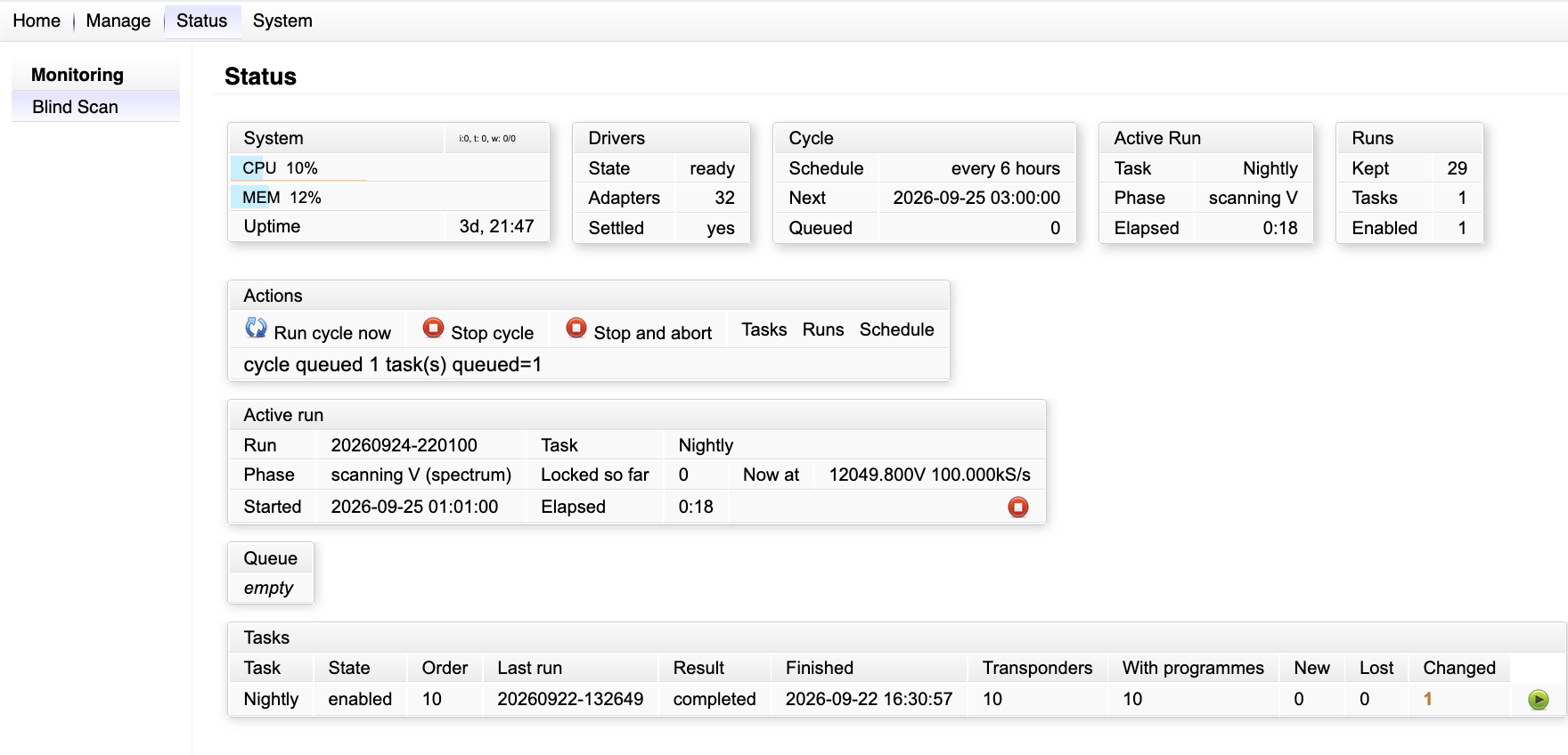 The blind-scan status monitor with an active run