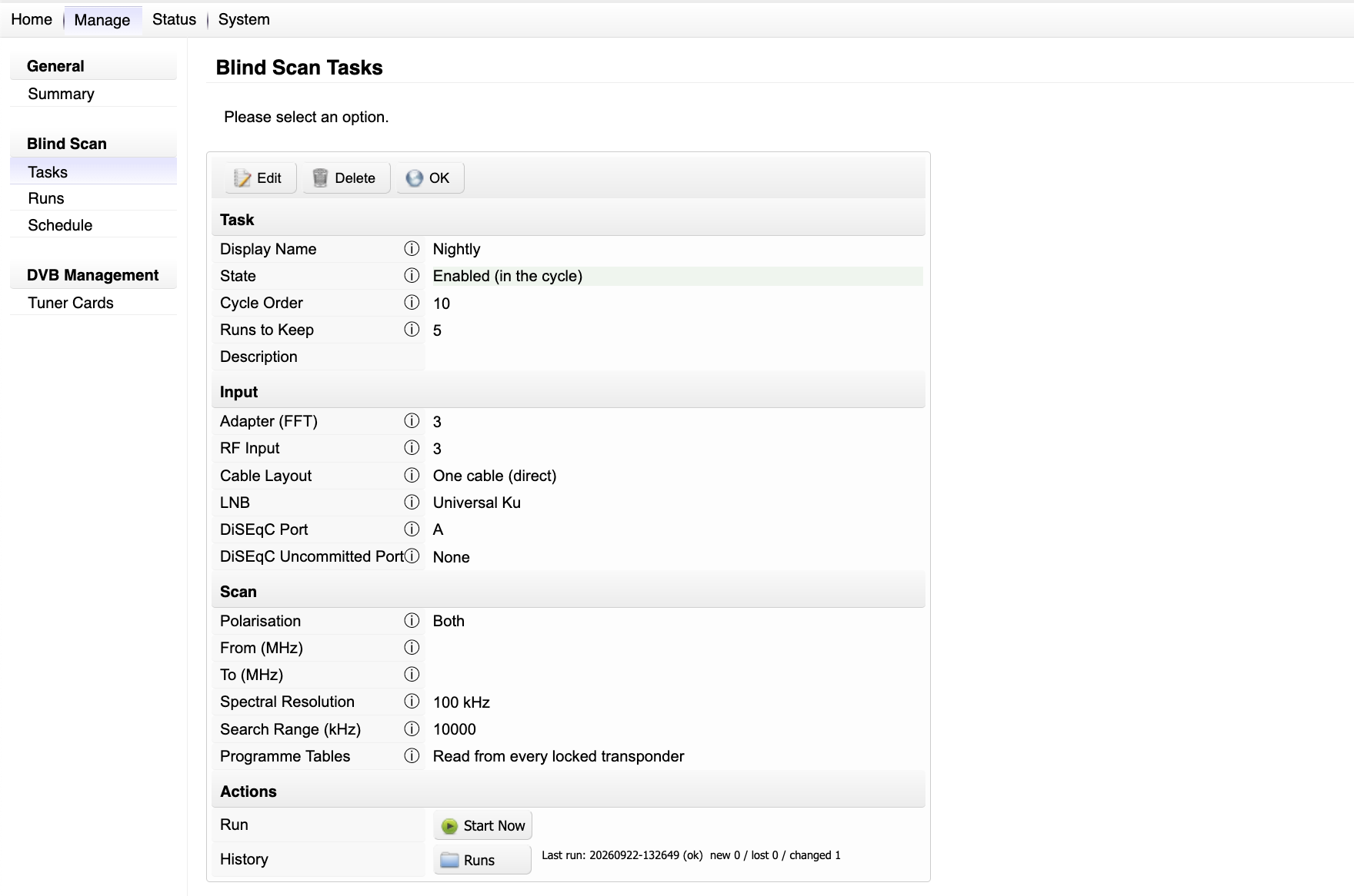 A blind-scan task: input, scan and action settings